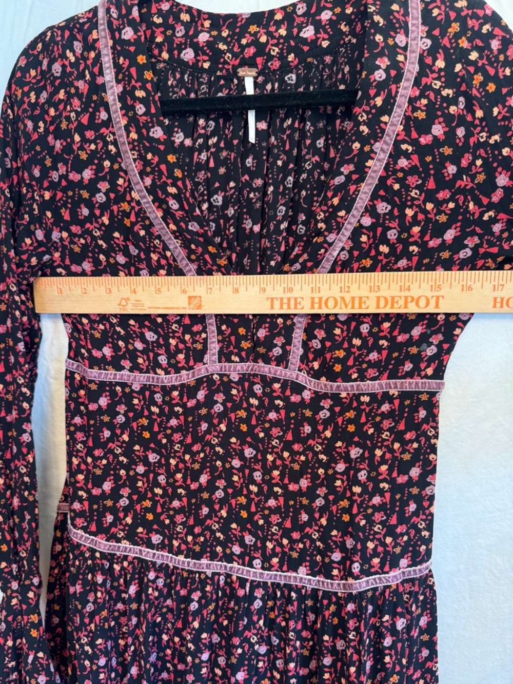 Free People Floral Boho Midi Dress Womens 10 Velvet Trim Tiered Long Sleeve - Picture 5 of 7